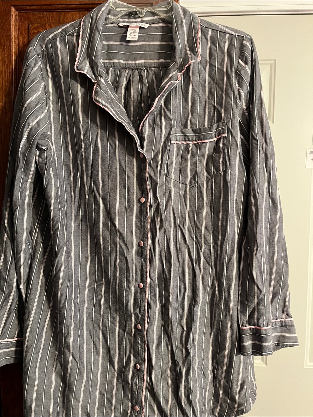 Victoria’s SecretGray and White Striped Button-Down sleep shirt with Pink Trim